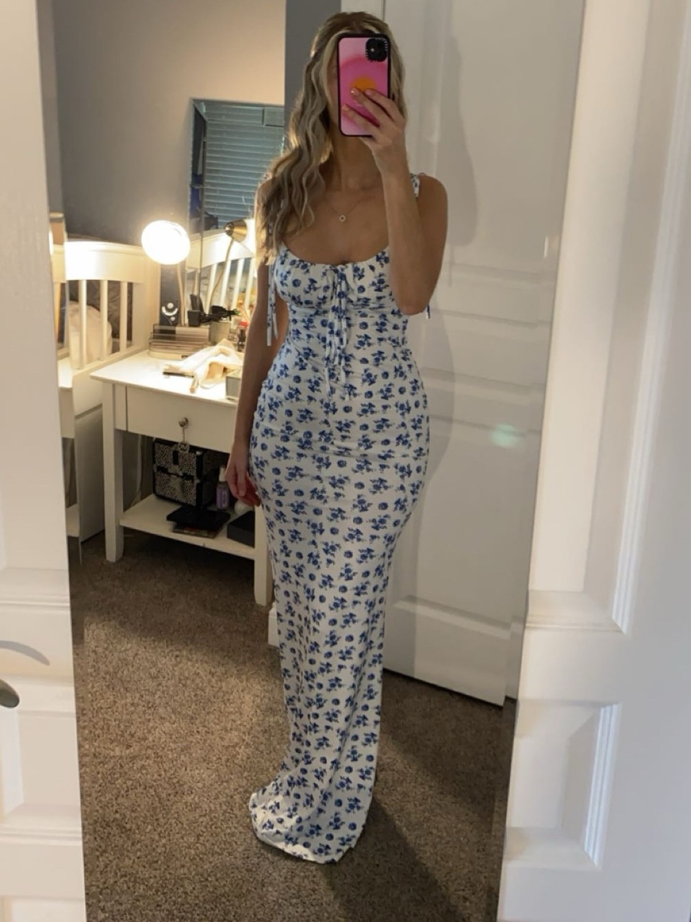 White & Blue Floral Maxi Dress with Tie Front